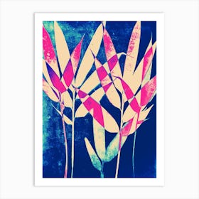 Blue turquoise pink bamboo leaves cyanotype Art Print