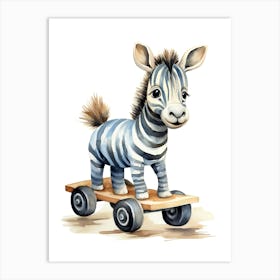 Baby Zebra On A Toy Car, Watercolour Nursery 3 Art Print