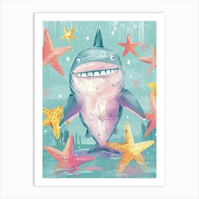 Blue Storybook Style Shark With Starfish 1 Art Print