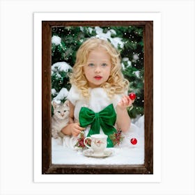 Blonde Child Garnished With A Cherry Red Bow Dressed In Emerald Green Fairytale Garb Gazes Throug Art Print