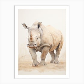 Vintage Illustration Of A Rhino Walking Through The Desert 2 Art Print