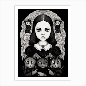 Wednesday Addams And A Cat Line Art Noveau 0 Fan Art Art Print