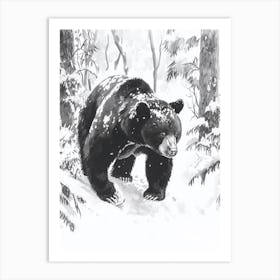Malayan Sun Bear Walking Through A Snow Covered Forest Ink Illustration 1 Art Print