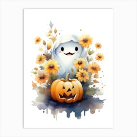 Cute Ghost With Pumpkins Halloween Watercolour 13 Art Print