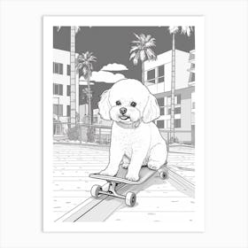 Bichon Frise Dog Skateboarding Line Art 1 Art Print