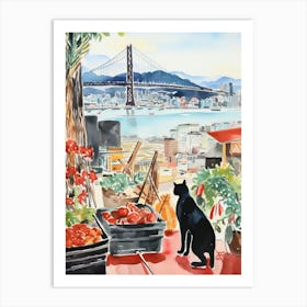 Food Market With Cats In San Francisco 1 Watercolour Art Print