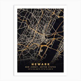 Newark New Jersey Black And Gold Map Art Print