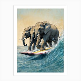 Elephants On Surfboards Art Print