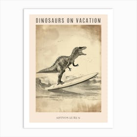 Vintage Spinosaurus Dinosaur On A Surf Board 4 Poster Art Print