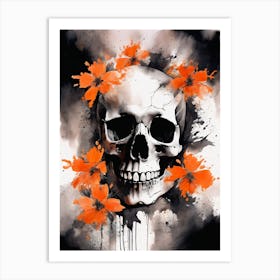 Abstract Skull Orange Flowers Painting (18) Art Print