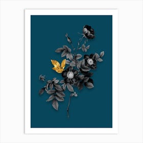 Vintage Alpine Rose Black and White Gold Leaf Floral Art on Teal Blue n.0632 Art Print
