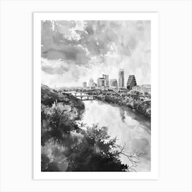 Mount Bonnell Austin Texas Black And White Watercolour 1 Art Print