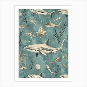 Pastel Blue Nurse Shark Watercolour Seascape Pattern 2 Art Print