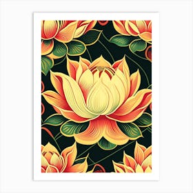 Lotus Flower Pattern Retro Illustration 3 Art Print