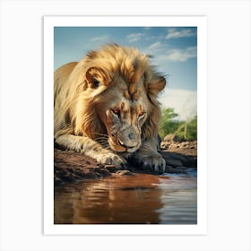 African Lion Drinking Water Realism 5 Art Print