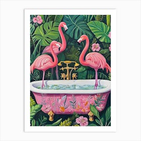 Pink Flamingos In Bathtub Art Print