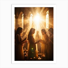 Candlelight Vigil During Spiritual Celebration Rays Of Soft Golden Light Breaking Through Stained G (6) Art Print