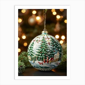 Porcelain Christmas Ball Caught In A Beam Of Soft Holiday Warmth Nestled Among Tinsel Laden Green Art Print