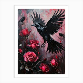 Crows Caught In Mid Flight Twisted Amongst Roses With Thorns Casting Intricate Shadows Gothic Atmo Art Print