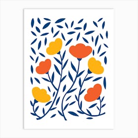 Pretty Floral Orange Blue Art Print