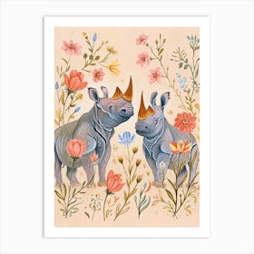 Folksy Floral Animal Drawing Rhino 3 Art Print