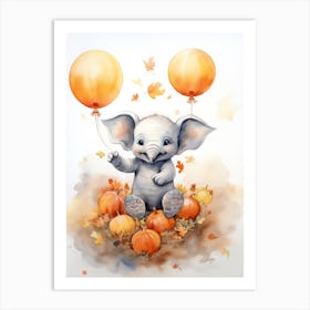 Elephant Flying With Autumn Fall Pumpkins And Balloons Watercolour Nursery 7 Art Print
