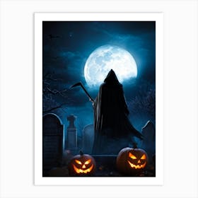 Sinister Reaper Silhouetted Against A Full Moon On Halloween Night Draped In A Tattered Black Cloak (2) Art Print