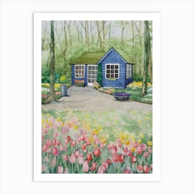Watercolor Landscape House In Tulips Art Print