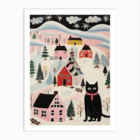 Black Cat Holidays Winter Mountain Village Christmas Art Print