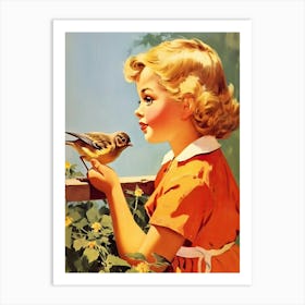 Vintage Retro Kids With Bird Illustration Kitsch 6 Art Print