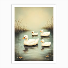 Nostalgic Duck Family A Vintage Inspired Painting Of A Duck Family Swimming In A Pond, Art Print