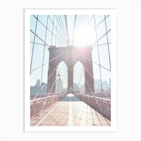 New York, USA I Morning sun on Brooklyn bridge with a symmetrical, minimalist and geometric photography composition in summer pastel blue tones with sunset lighting in a retro vintage aesthetic Art Print