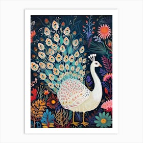 White Floral Folky Peacock 2 Art Print