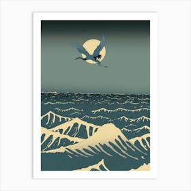 Crane Bird Flies Over The Ocean Art Print