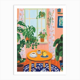 Tea Time in Living Room Gouache Painting Art Print