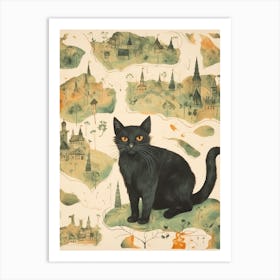 Black Cat On A Medieval Map Art Print