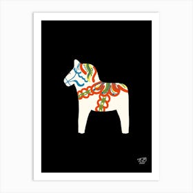 White Swedish Dalahorse On Black Art Print