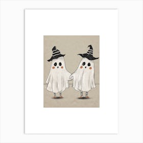 Cute Ghosts ~ Cutie Halloween Best Friends BFF Bestie Artwork - Drawing of 2 vintage ghost Friends Holding Hands With Witchy Hats on Out Trick Or Treating, Spooky Little Ghosties, Witches Artwork, Gothic, Spooky Cute Art Print