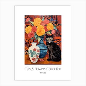 Cats & Flowers Collection Rose Flower Vase And A Cat, A Painting In The Style Of Matisse 5 Art Print