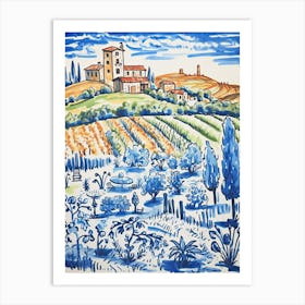 Italy, Tuscany Cute Illustration In Orange And Blue 0 Art Print