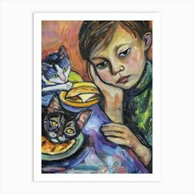 Portrait Of A Boy With Cats Having Dinner 1 Art Print