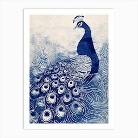 Navy & White Peacock Portrait 1 Art Print