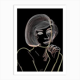 Woman Portrait In Black And White Line Art Neon 3 Art Print