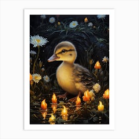 Duckling At Night With Fireflies 1 Art Print