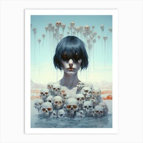 portrait of a woman surrounded by skulls illustration Art Print