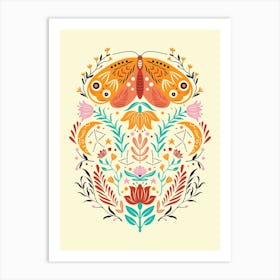 Colorful Moth With Florals On Light Yellow Art Print