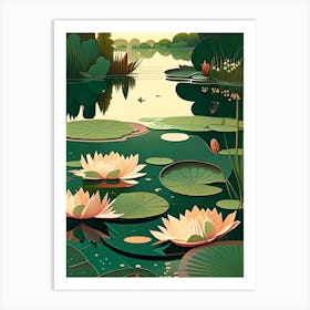 Pond With Lily Pads Water Waterscape Retro Illustration 2 Art Print