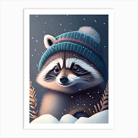 Raccoon In The Snow With Ear Poking Out Of Beanie  Art Print
