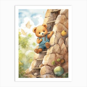 Rock Climbing Teddy Bear Painting Watercolour 3 Art Print