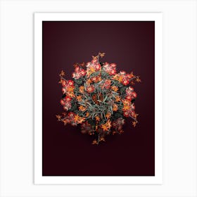 Vintage Cosmos Flower Branch Floral Wreath on Wine Red n.1318 Art Print